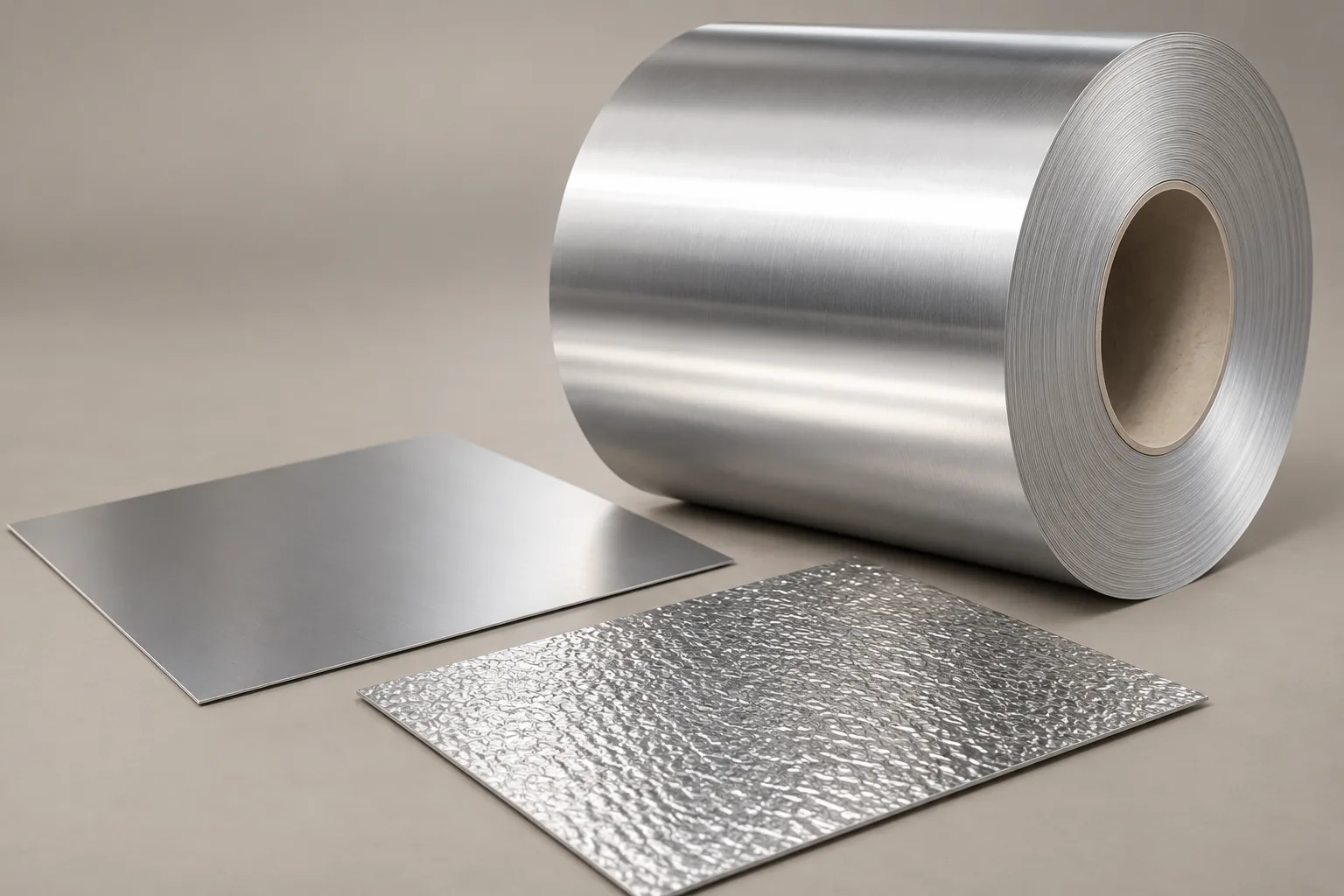 AI-generated illustration of an aluminium coil with smooth and stucco embossed sheet samples