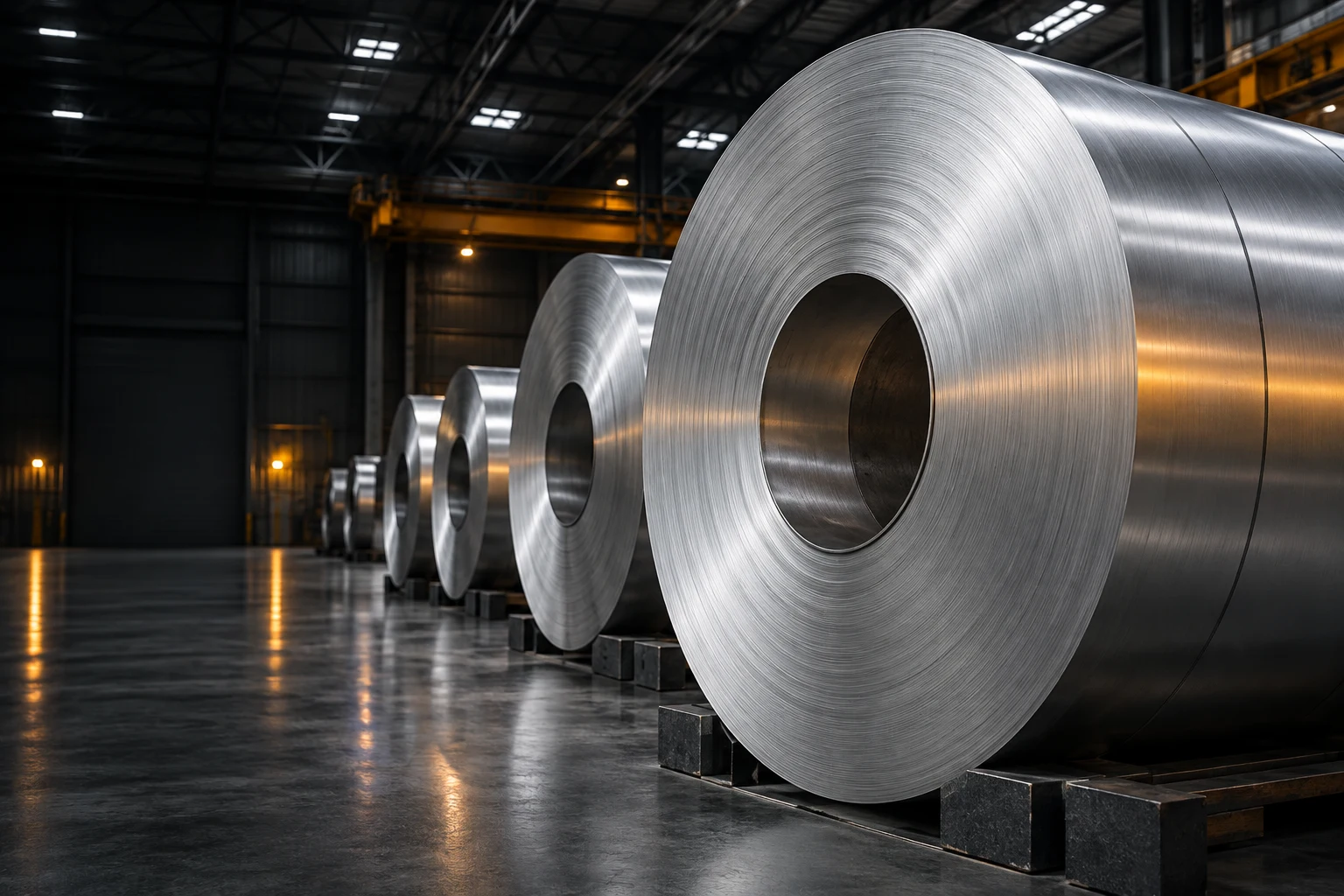 Original illustration of precision-rolled aluminium coils in a warehouse