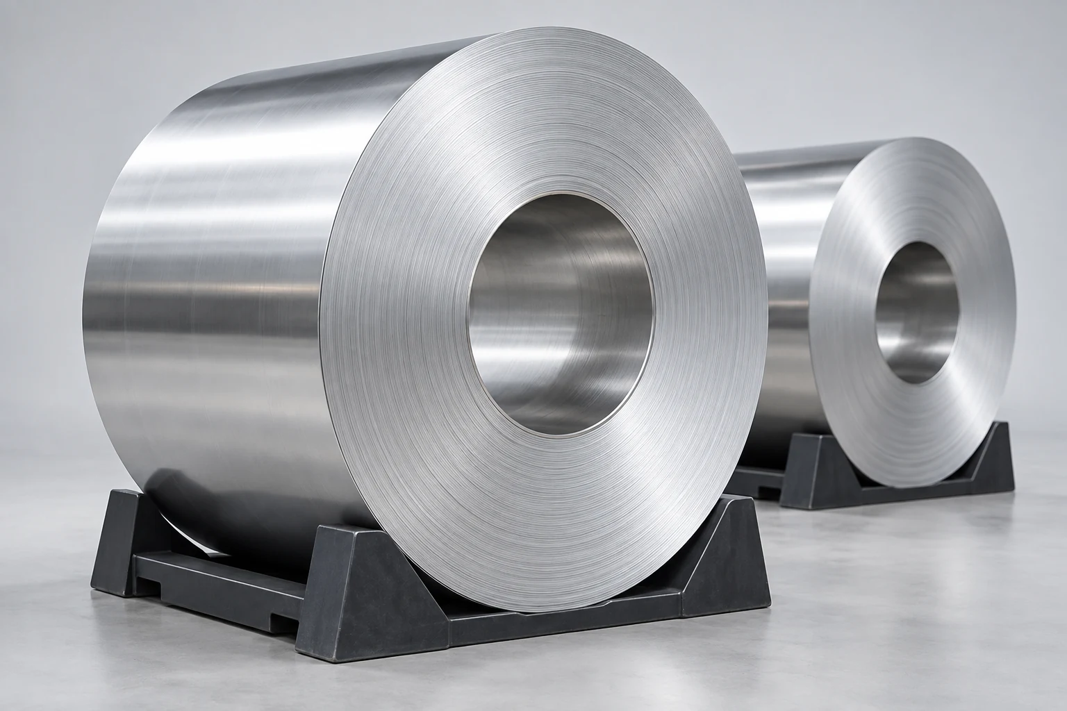 Large tightly wound aluminium parent coils in cradles