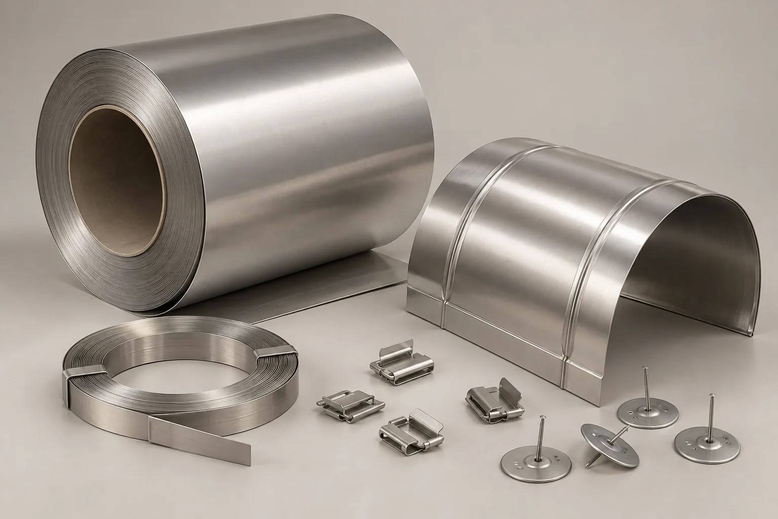 AI-generated illustration of stainless steel jacketing, banding and fixing accessories